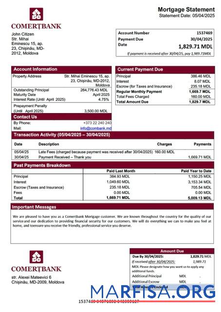 Realistic Moldova Comerțbank mortgage statement Word and PDF template